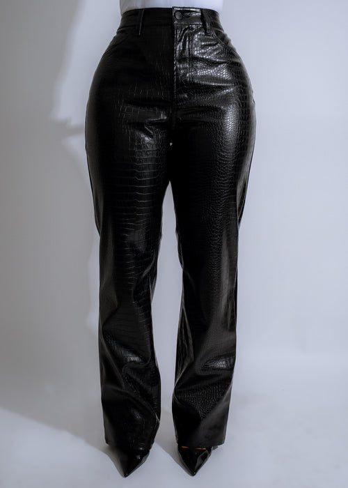 Midnight Croc Faux Leather Pants Black, front view, slim fit, trendy fashion