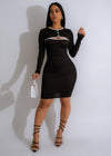 Harvest Moon Ribbed Mini Dress Black with plunging neckline and long sleeves