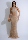 Close-up of Cosmic Symphony Rhinestones Mesh Maxi Dress in Nude, with intricate rhinestone detailing and sheer mesh fabric