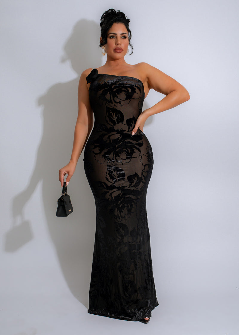 Velvet Rose Maxi Dress Black with floral lace details and V-neckline