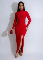 Elegant red Keeping Secrets Maxi Dress with plunging neckline and slit