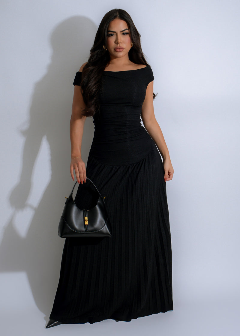 Obsidian Charm Ruched Maxi Dress Black - Front view with flattering ruched detailing and flowy silhouette