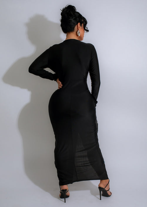  Side view of Midnight Allure Ruched Maxi Dress Black, perfect for formal events and evenings out