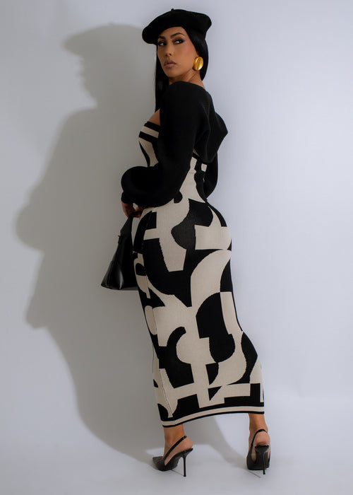 Black midi dress with graphic rhythm pattern, perfect for formal events