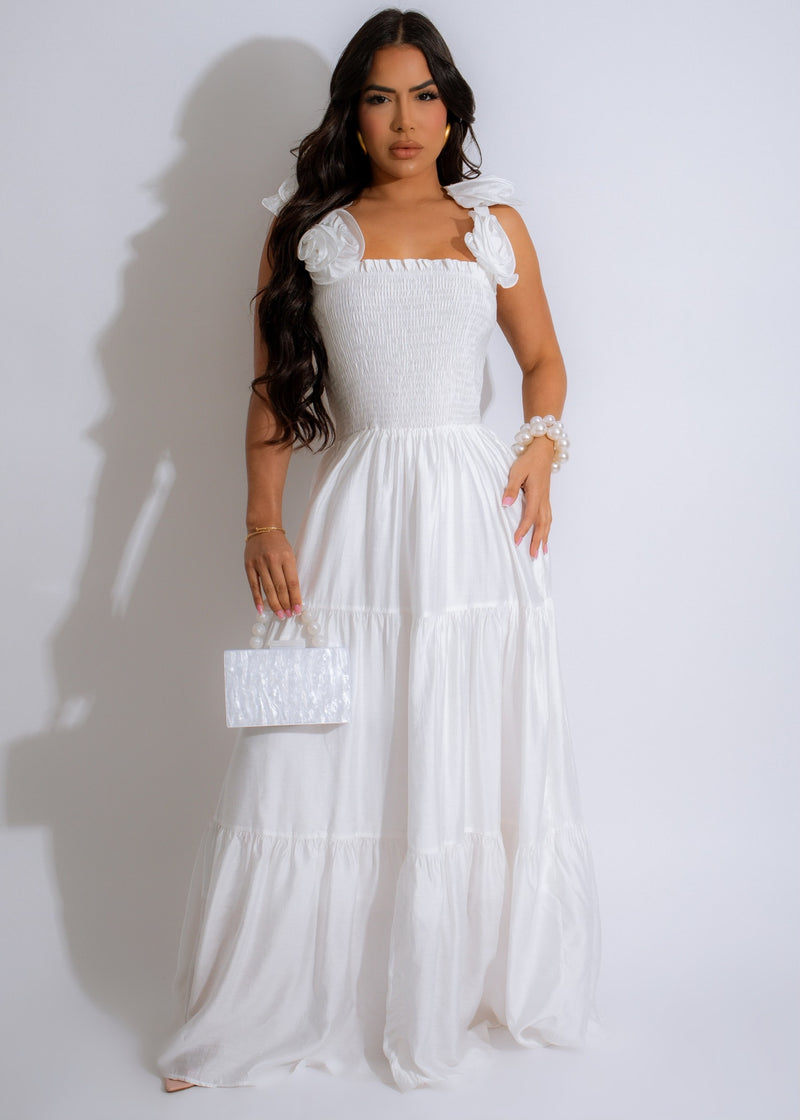 Enchanted Rose Maxi Dress White, a flowing and elegant gown with intricate floral embroidery and delicate lace details, perfect for special occasions and formal events