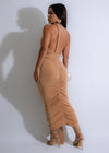 Gorgeous Fiery Cascade Ruched Midi Dress Nude for Special Occasions with Ruched Details and Flattering Fit