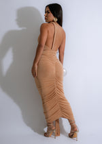 Gorgeous Fiery Cascade Ruched Midi Dress Nude for Special Occasions with Ruched Details and Flattering Fit