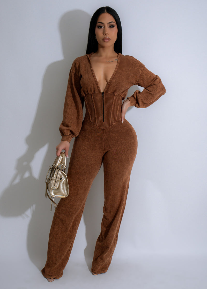 Elegant Eclipse Ensemble Jumpsuit in rich brown color with chic design