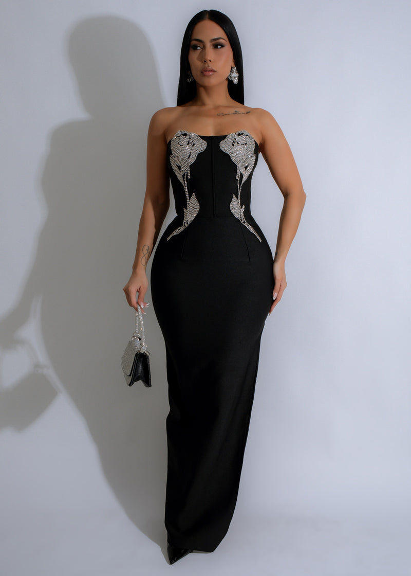 Blooming Radiance Rhinestones Maxi Dress Black with intricate floral design and sparkling rhinestones 