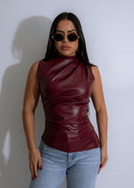 Red sculpted luxe faux leather long top with a luxurious feel