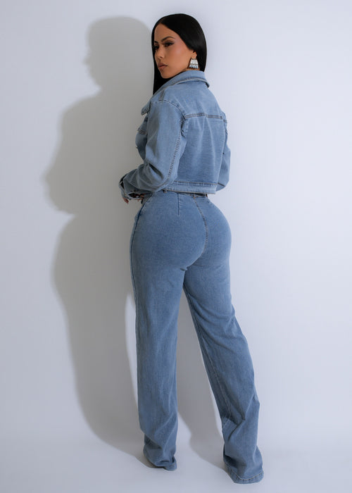 Two-piece pant set in light denim featuring drawstring waist and oversized pockets