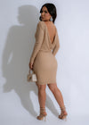 Luminous Drape Rhinestones Mini Dress Nude worn by a model, highlighting the flattering fit and dazzling rhinestones