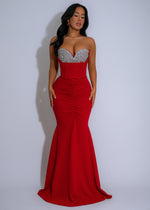 Lumina Cascade Rhinestone Ruched Maxi Dress Red, front view on model with elegant ruching and sparkling rhinestones