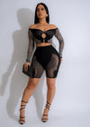 Black two-piece short set with heart mesh detailing and adjustable straps