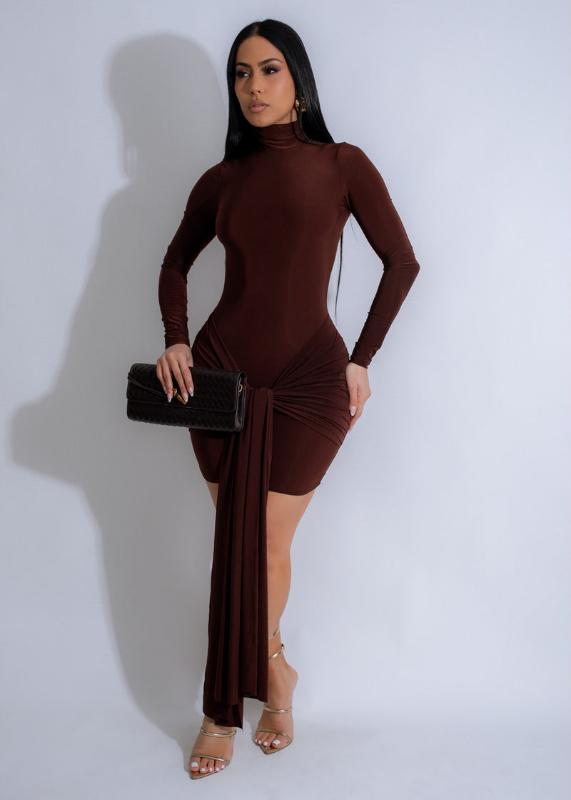 Serene Twist Mini Dress Brown - A stylish and versatile brown dress with a unique twist detail