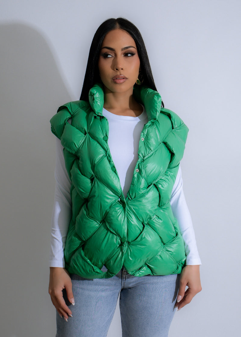 Emerald Cloud Vest Green, a stylish and vibrant sleeveless garment perfect for layering