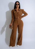 Velour ribbed brown pant set with matching top and cozy fabric