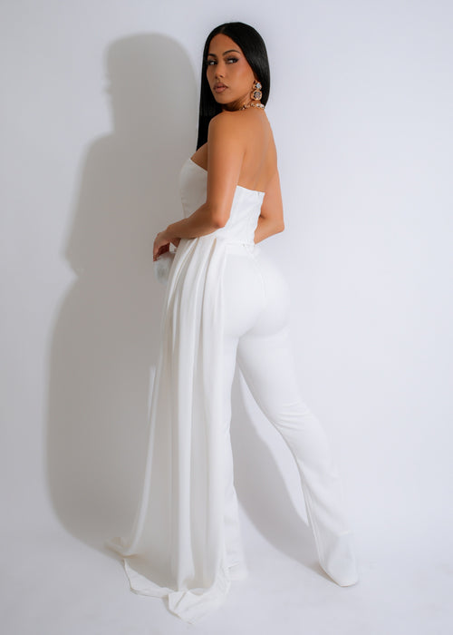 Two-piece pant set in crisp white with flowing, elegant silhouette