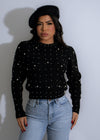 Elegance Embellished Knit Pearls Sweater Black, front view, styled with jeans and heels, perfect for a night out or special occasion