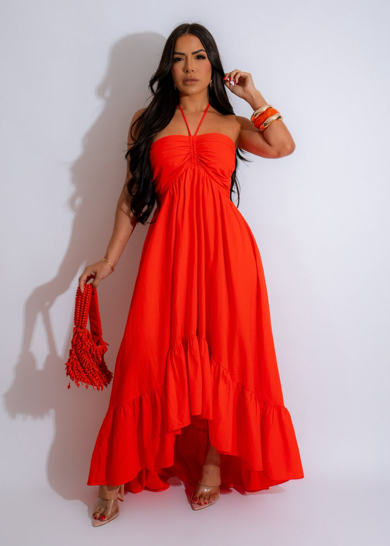 Scarlet Sunset Maxi Dress Orange with flowy silhouette and elegant design