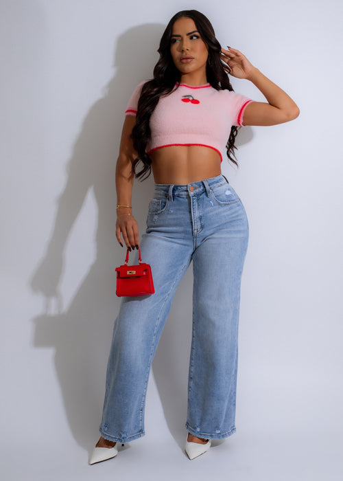 Cherry Fuzz Knit Crop Top Pink on a mannequin with fringed bottom