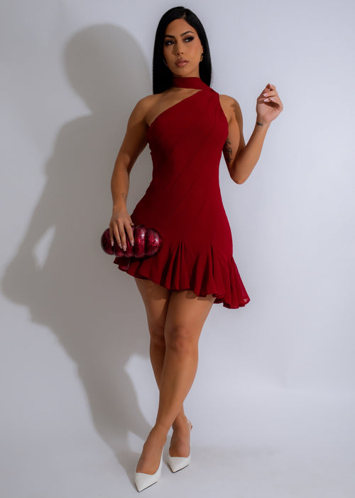 Close-up image of Starlight Whisper Mini Dress in vibrant red color, with flowing fabric and elegant design, perfect for a night out or special occasion