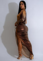  Full-length image of Solaris Drape Ruched Metallic Maxi Dress Gold, featuring a flattering drape design and rich gold color perfect for evening events