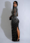 Glamorous Pearlescent Dream Rhinestone Mesh Maxi Dress Black, a show-stopping formal gown with intricate rhinestone detailing and a dramatic floor-length design ideal for elegant soirées