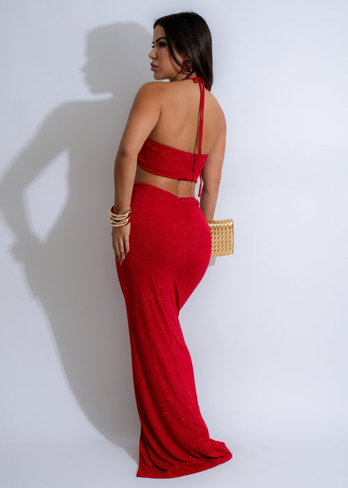  Full-length image of the Nightfall Glamour Ruched Maxi Dress in vibrant red, showcasing its alluring design, flattering ruched bodice, and luxurious flowing skirt, ideal for making a statement at formal events