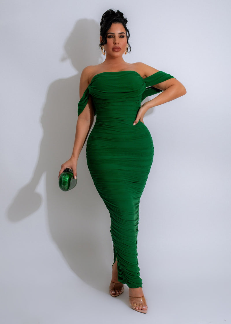 Sunset Drape Mesh Maxi Dress Green: A flowy and lightweight green maxi dress with a drape mesh design, perfect for summer evenings and beach vacations