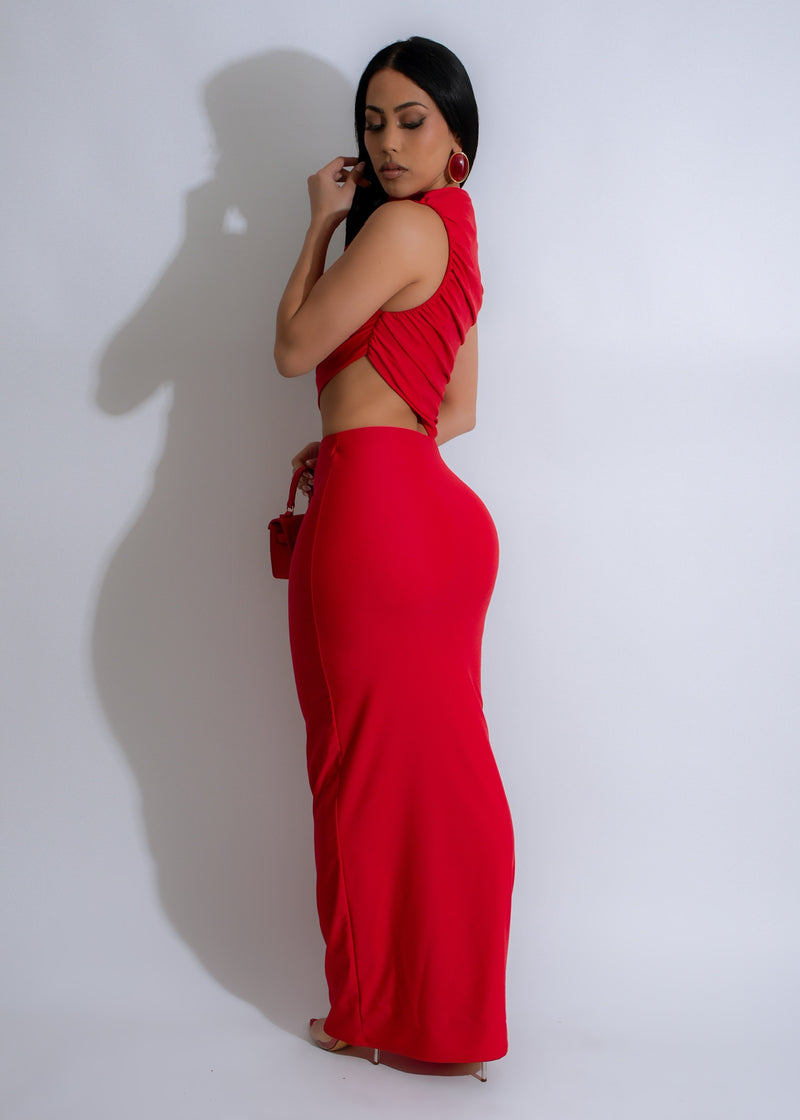 Stunning red ruched maxi dress with a beautiful curve-hugging silhouette