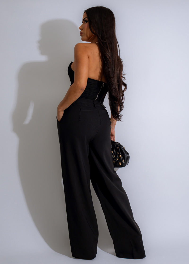 Side view of the Serene Drape Mesh Corset Top Black, showing the flattering drape and elegant silhouette