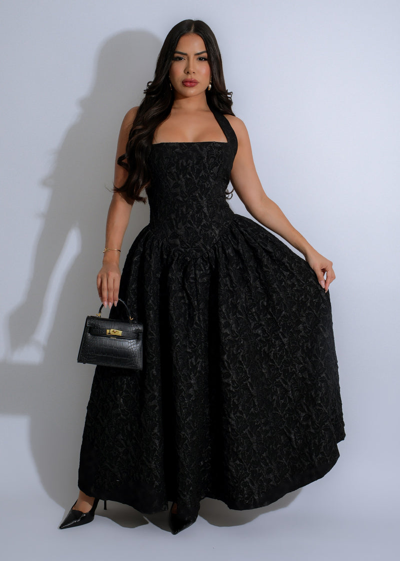 Midnight Bloom Floral Maxi Dress Black with elegant floral print and flowing silhouette