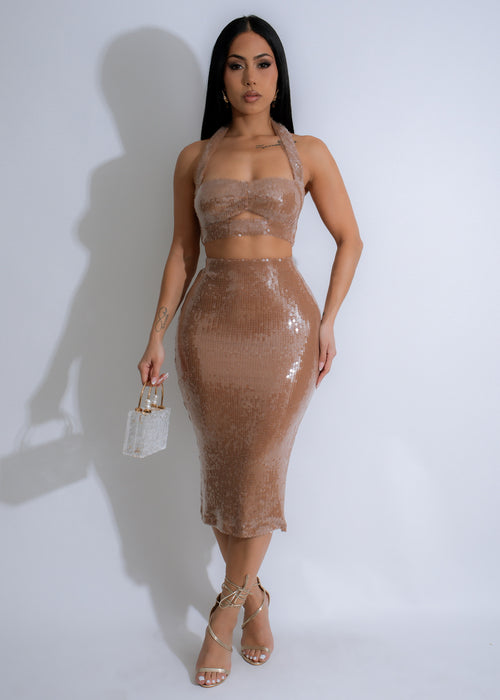 Shimmering Glimmer Nights Sequin Skirt Set in Nude, perfect for evening events and special occasions