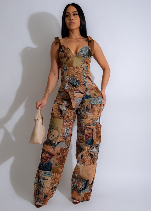 Beautiful brown Tapestry Tales Pant Set with intricate patterns and details