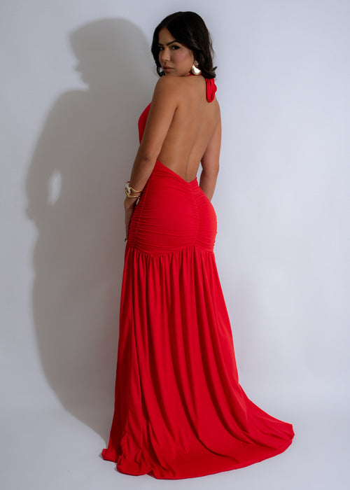  Nocturnal Flow Ruched Maxi Dress Red - A striking and glamorous long dress in a vibrant red hue, featuring a figure-flattering ruched design and a flowing silhouette Ideal for formal gatherings and parties