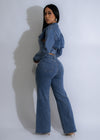  Full-body image of the Stardust Rhinestone Pant Set Denim, featuring a denim jacket with rhinestone accents and matching jeans, perfect for a fashionable and eye-catching ensemble