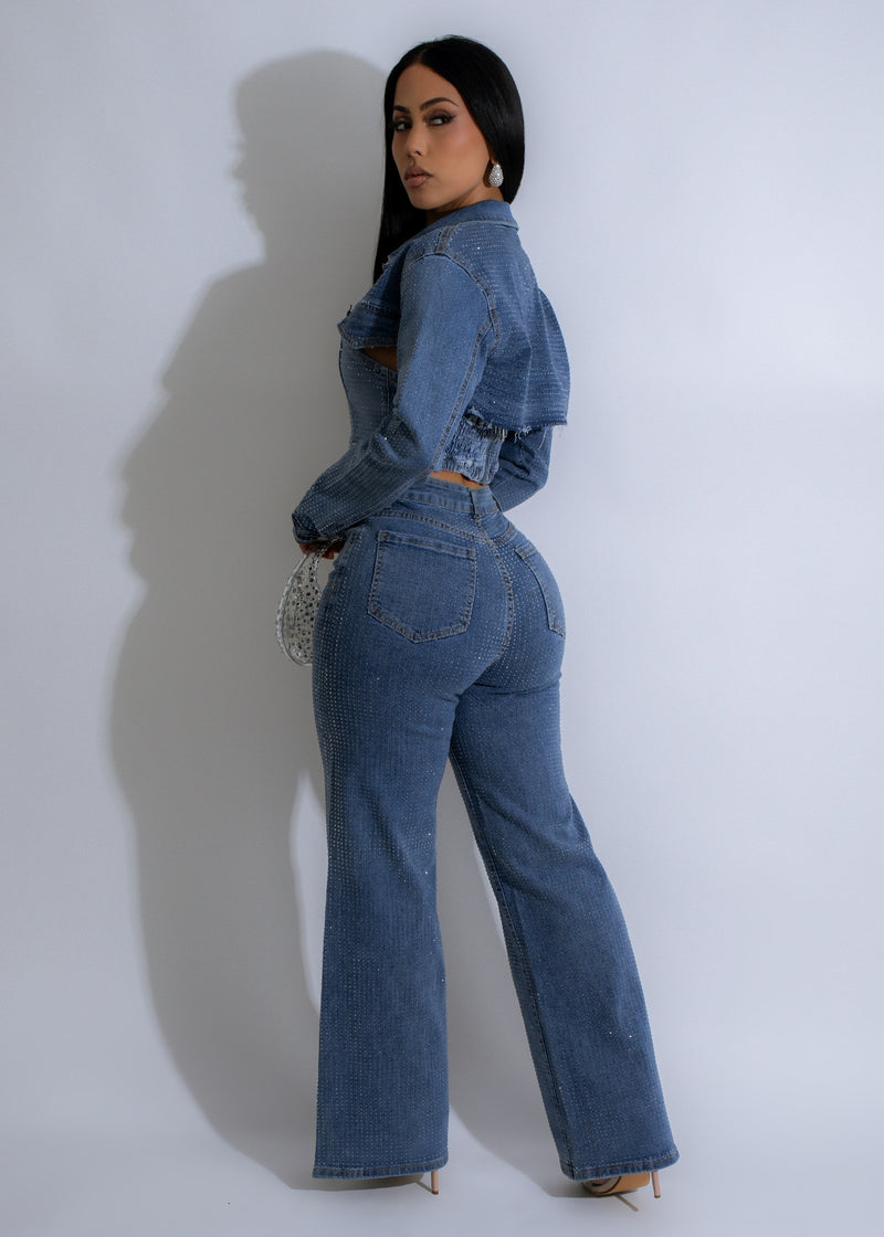  Full-body image of the Stardust Rhinestone Pant Set Denim, featuring a denim jacket with rhinestone accents and matching jeans, perfect for a fashionable and eye-catching ensemble