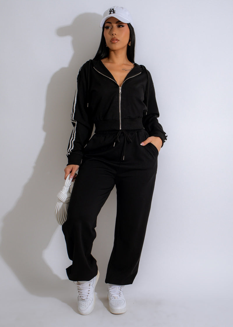 Front view of the urban stride tracksuit black with zip pockets and drawstring waistband