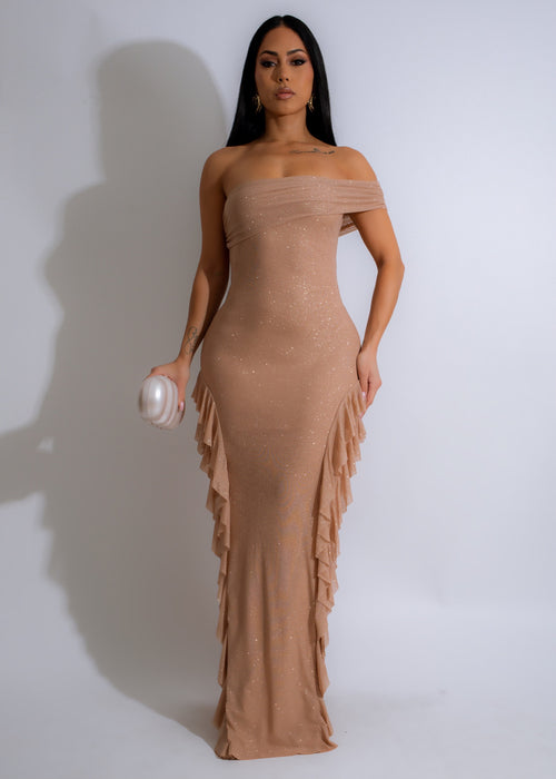 Moonlit Ruffle Maxi Dress Nude, a stunning and feminine long dress with delicate details,