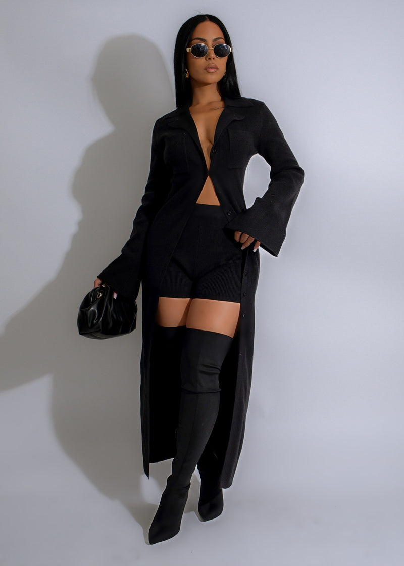 Two-piece black knit short set with edgy design and comfortable fit for women's fashion 