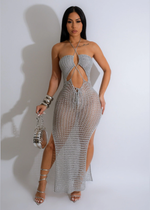 Absolutely Crochet Metallic Maxi Dress Silver on elegant mannequin display