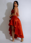  Stunning full-length shot of Rosette Reverie Satin Skirt Set Orange, showcasing the flowing satin fabric and flattering fit