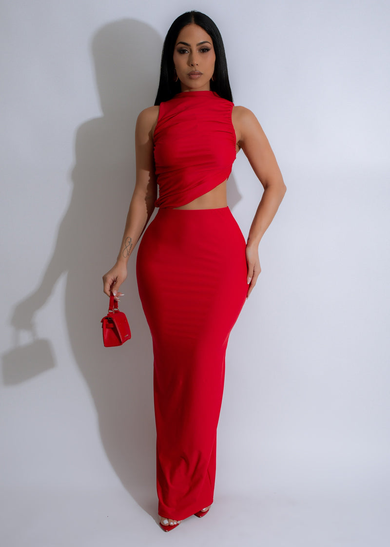 Stunning red maxi dress with ruched detailing and flattering curve-hugging silhouette