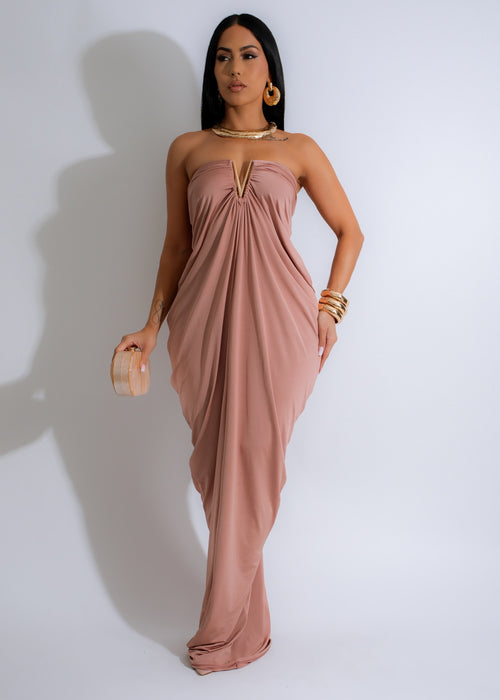 Venus Charm Ruched Maxi Dress Nude, a stunning and elegant floor-length gown perfect for formal events and special occasions