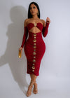 Gilded Cascade Midi Dress Red with V-neckline and cascading ruffles