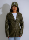 Trendy and chic green faux leather jacket with a flattering fit