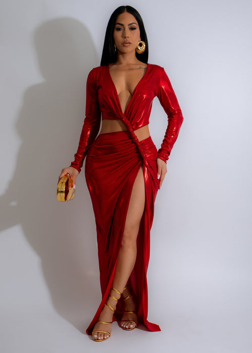 Shadow Envy Metallic Maxi Dress Red, a stunning evening gown with shimmering metallic fabric and a flattering silhouette