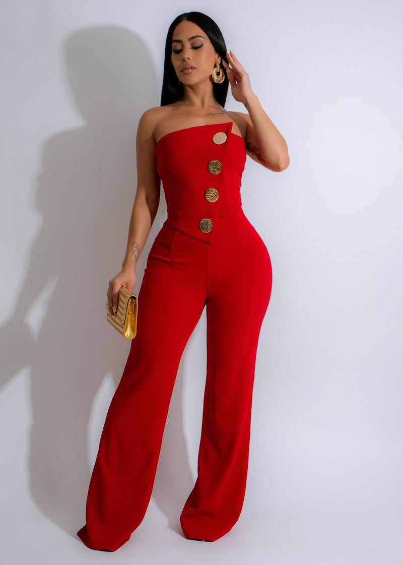 Stunning Regal Ascent Jumpsuit in bold red color with elegant design and flattering silhouette for women's fashion 