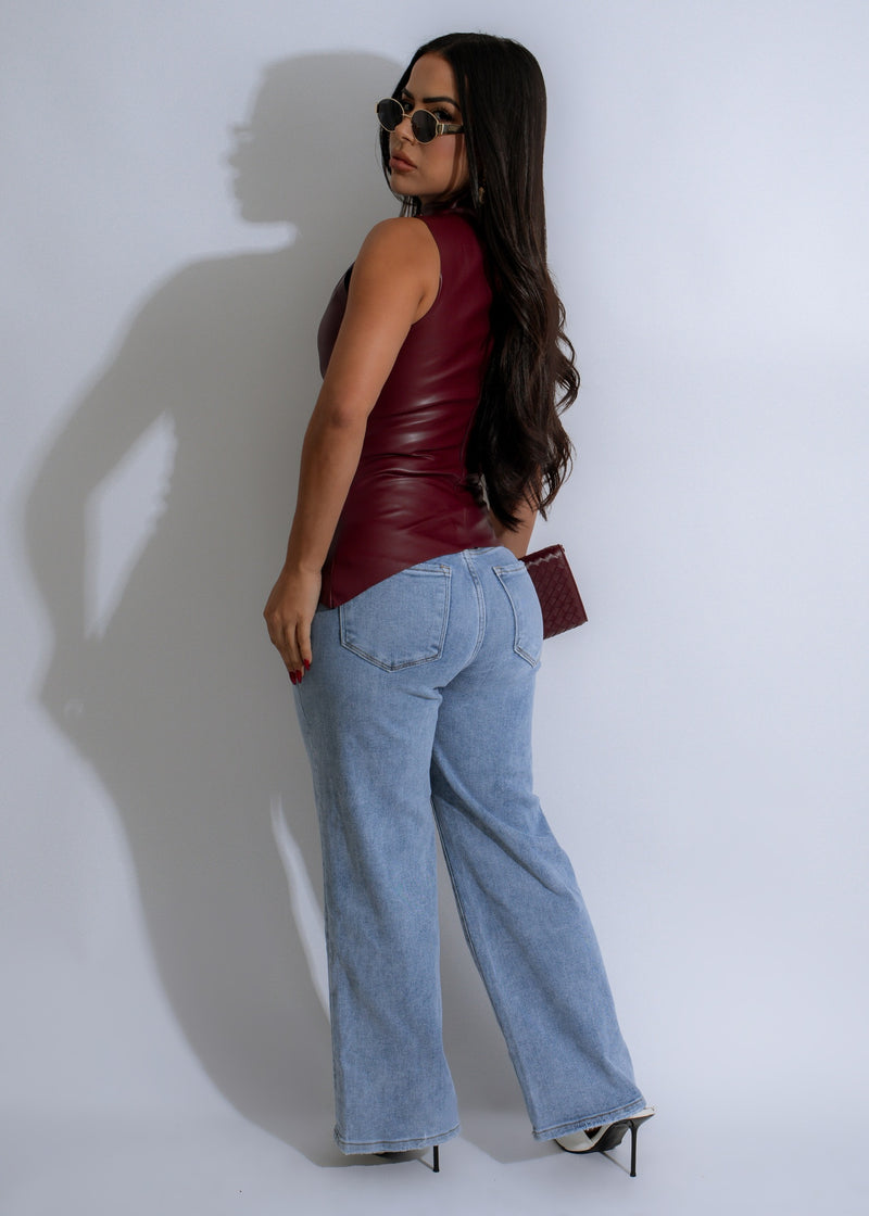 Sculpted Luxe Faux Leather Long Top Red - A stylish and bold red faux leather long top with a sculpted design